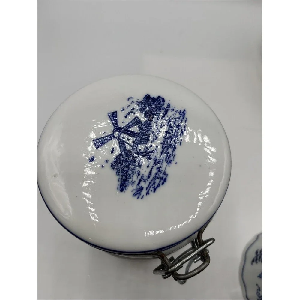 Vtg Teleflora Delft Blue White Dutch Windmill canister jar crock 5